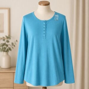 NWOT LOGO Principles Lori Womens 2X Henley Top Long Sleeve Blue Knit Shirt